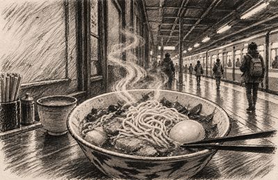 Pencil drawing of a steaming bowl of ramen with an egg and chopsticks on a counter, a railway platform with a waiting train and commuters stretching away behind it