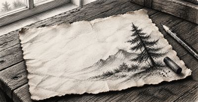 Charcoal drawing of a pine tree and misty hills sketched on a crumpled sheet of paper lying on a weathered wooden table, with a charcoal stick and pencil beside it